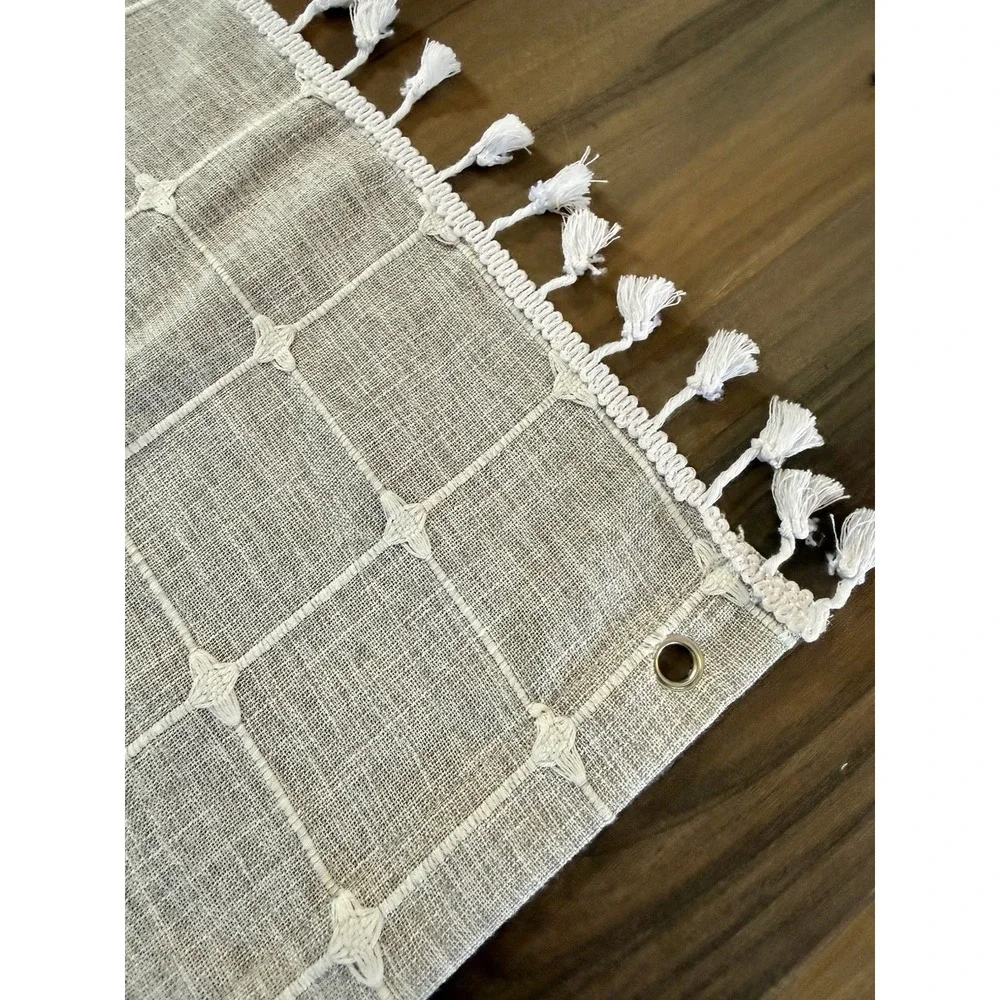 100% Cotton Shower Curtain Embroidery  tassles Fabric Shower Taupe & White